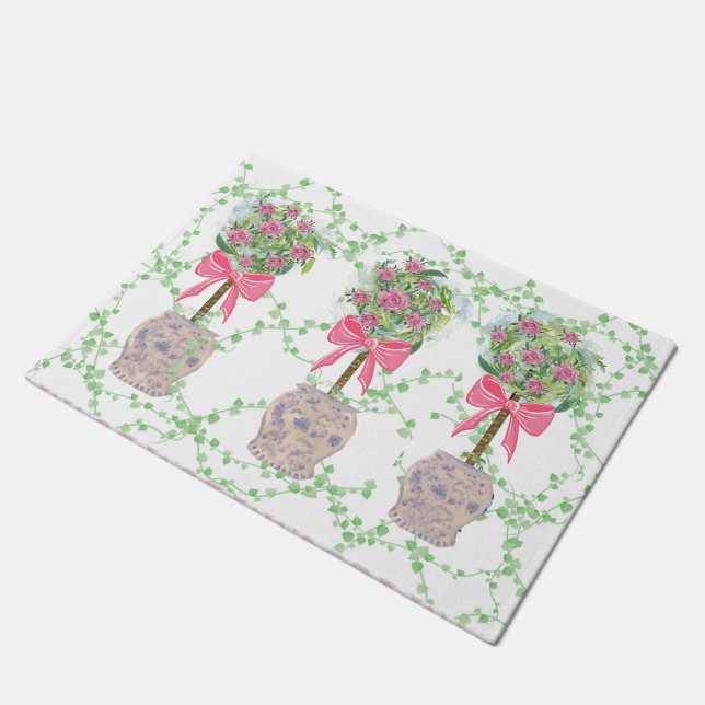 Lattice Green Topiary Roses Ginger jars jar Doormat (Angled)