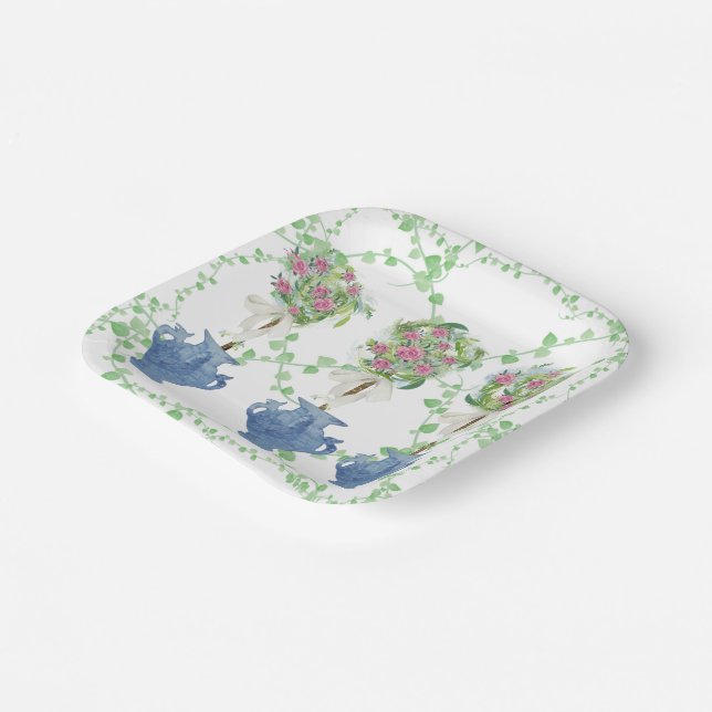 Lattice Green Topiary Roses Ginger jars jar Paper Plate (Angled)