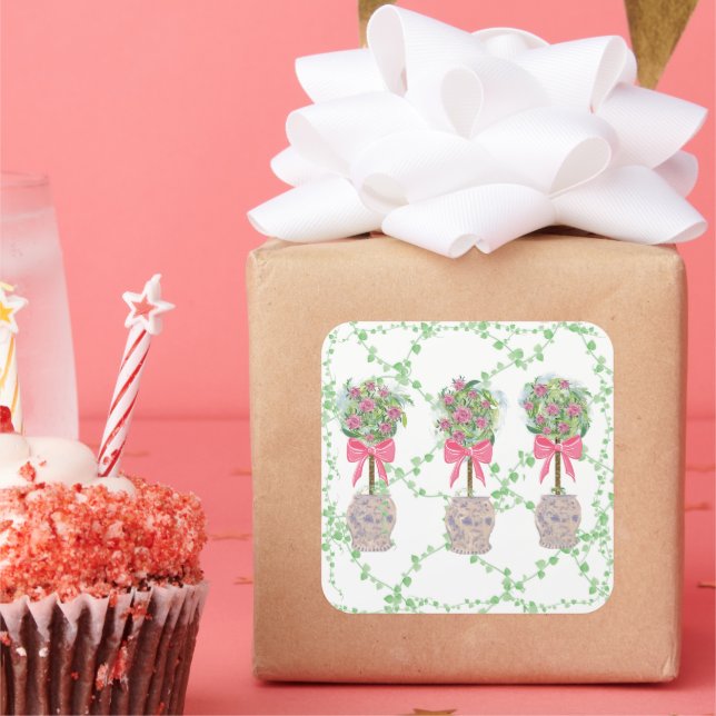 Lattice Green Topiary Roses Ginger jars jar Square Sticker (Party)