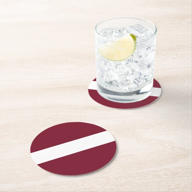 Latvia flag round paper coaster (Insitu)