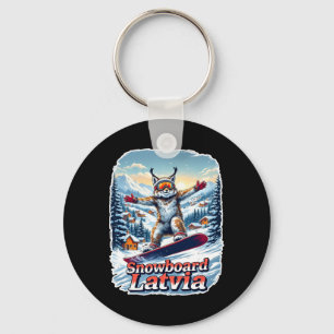 Latvia Snowboarding Lynx In Winter Wonderland Keychain