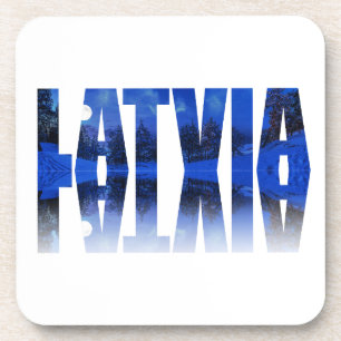 Latvia winter night text with reflection coaster