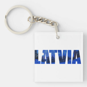 Latvia winter night text with reflection keychain
