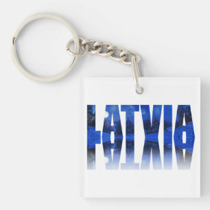 Latvia winter night text with reflection keychain