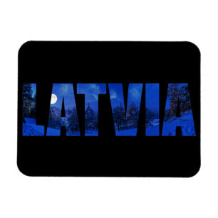 Latvia winter night text with reflection magnet