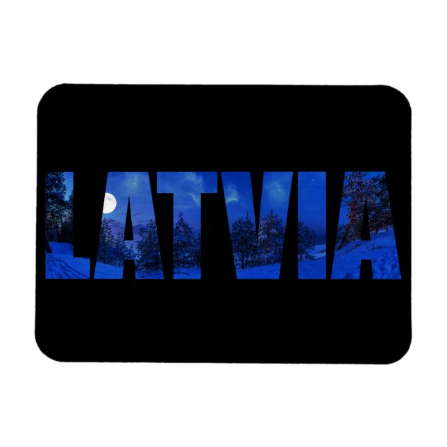 Latvia winter night text with reflection magnet (Horizontal)