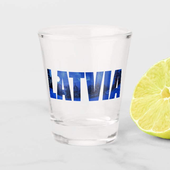 Latvia winter night text with reflection shot glass (Front)