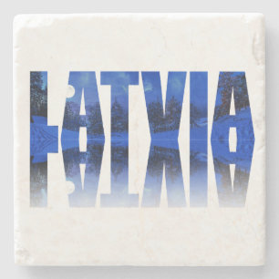 Latvia winter night text with reflection stone coaster