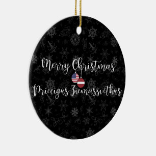 Latvian American Bilingual Merry Christmas Ceramic Ornament
