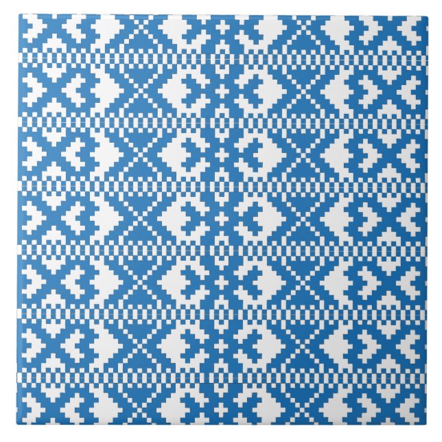 Latvian ancient signs blue and white folk art tile (Front)