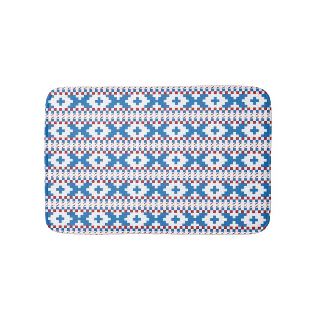 Latvian ancient signs blue, red, white folk art bath mat (Front)