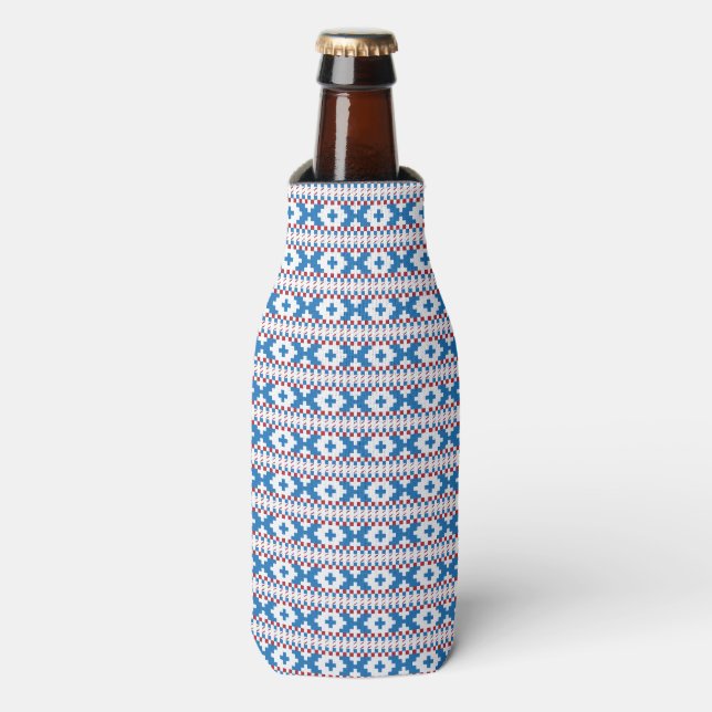 Latvian ancient signs blue, red, white folk art bottle cooler (Bottle Front)
