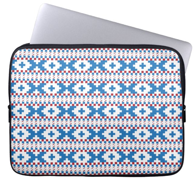 Latvian ancient signs blue, red, white folk art laptop sleeve (Front)