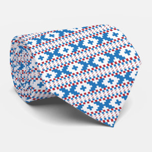 Latvian ancient signs blue, red, white folk art tie