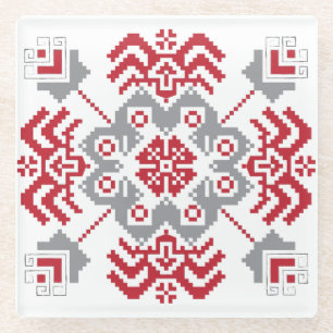 Latvian Auseklis Folk art geometric medallion Glass Coaster