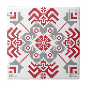 Latvian Auseklis Folk art geometric medallion Tile