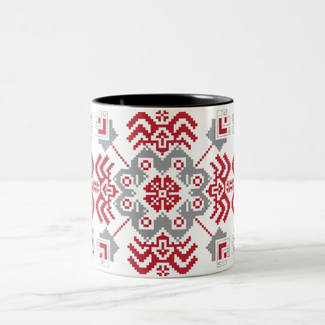 Latvian Auseklis Folk art geometric medallion Two-Tone Coffee Mug (Center)