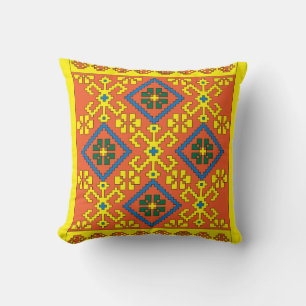 Latvian Ethnic orange yellow folk art from Alsunga Throw Pillow