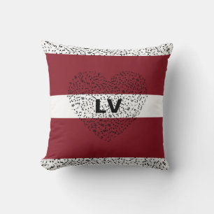 Latvian Flag with musical notes and a heart Throw Pillow