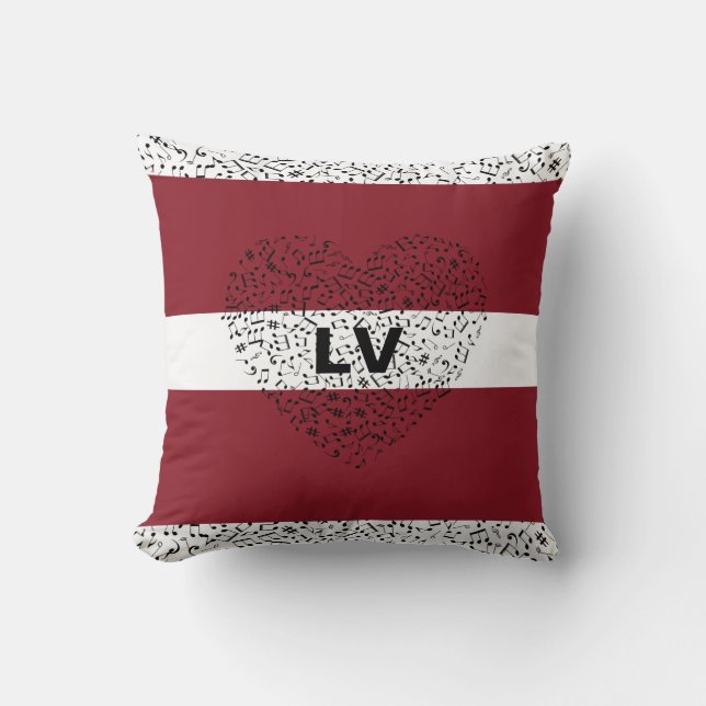 Latvian Flag with musical notes and a heart Throw Pillow (Front)