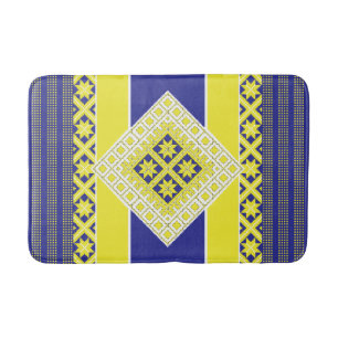 Latvian folk art blue yellow geometric Medallion Bath Mat