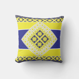 Latvian folk art blue yellow geometric Medallion Throw Pillow