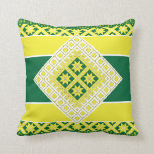 Latvian folk art yellow green geometric Medallion Throw Pillow