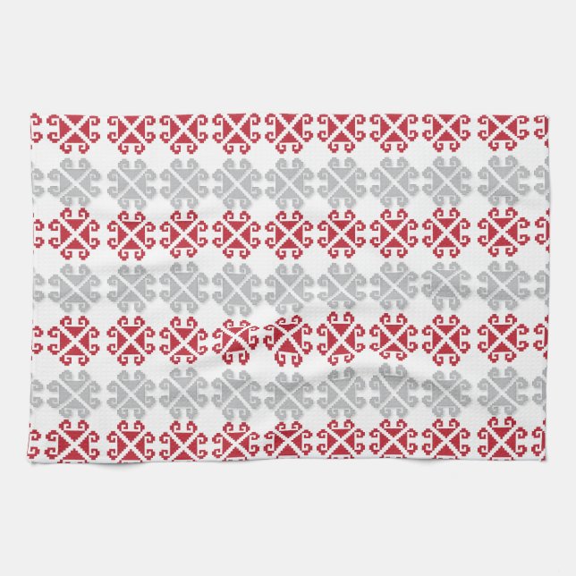 Latvian red and grey geometric Moon cross Kitchen Towel (Horizontal)