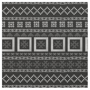 Latvian Traditional Symbols on Mudcloth Black Fabric