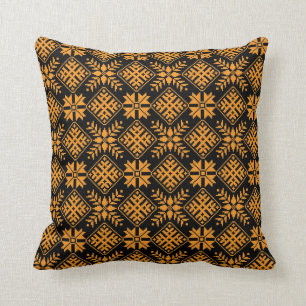 Latvian Vintage black and orange folk art pattern Throw Pillow