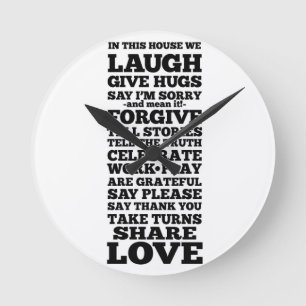 Laugh, Love, Black and White Round Clock