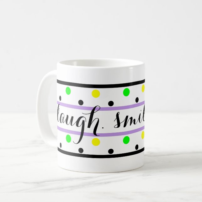 Laugh Quote Purple Yellow Green Polka Dots Coffee Mug (Front Left)