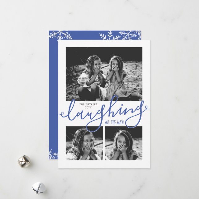 Laughing All the Way 3-Photo Snowy Blue Christmas Holiday Card (Front/Back In Situ)