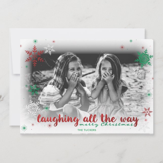 Laughing All the Way Foil Snowflakes Full Photo Holiday Card (Front)