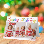 Laughing All The Way Rainbow 3 Christmas Photo Holiday Card<br><div class="desc">Beautiful, colourful 3 photo Christmas folded card with Laughing All the Way in pretty rainbow cursive script. Personalize with your three favourite vertical family photographs of your smiling kids above your name or custom greeting in red. Fun and cheerful holiday cards with a customizable letter inside. Add a 4th photograph...</div>