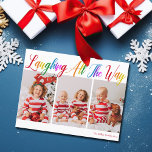 Laughing All The Way Rainbow 3 Christmas Photo Holiday Postcard<br><div class="desc">Beautiful,  colourful 3 photo Christmas postcard with Laughing All the Way in pretty rainbow cursive script. Personalize with your three favourite vertical family photographs of your smiling kids above your name or custom greeting in red. Fun and cheerful holiday postcards.</div>