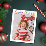 Laughing All The Way Rainbow Kids Christmas Photo Holiday Postcard<br><div class="desc">Beautiful,  colourful full photo Christmas postcard with Laughing All the Way in pretty rainbow cursive script. Personalize with your favourite vertical family photograph of your smiling child above your name or custom greeting in red. Fun and cheerful holiday postcards.</div>