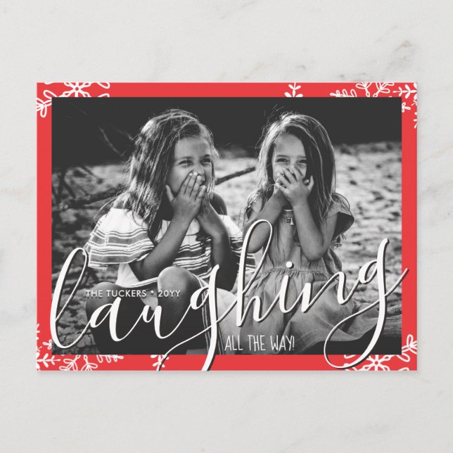 Laughing All the Way Snowflake Christmas Red Photo Postcard (Front)