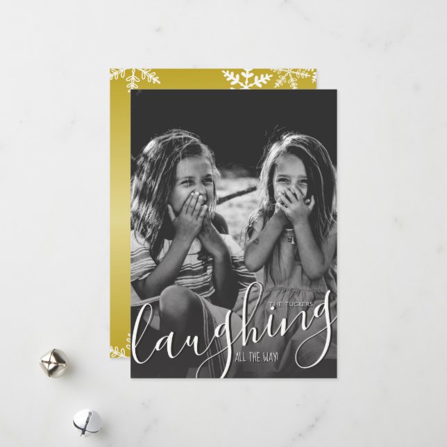 Laughing All the Way Snowflakes Gold Photo Holiday Card (Front/Back In Situ)