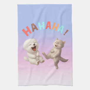 Laughing Besties: HAHAHA! Smiling Bichon & Cat Art Kitchen Towel