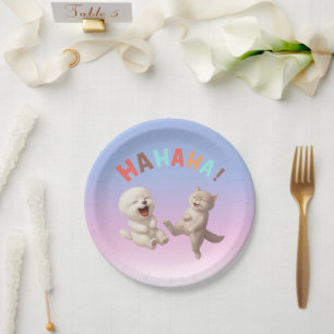 Laughing Besties: HAHAHA! Smiling Bichon & Cat Art Paper Plate
