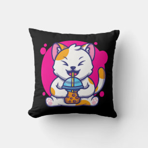 Laughing Cat Neko Kawaii Boba Tea In Anime Style Throw Pillow