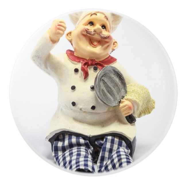 Laughing chef with pan pottery figurine ceramic knob (Front)