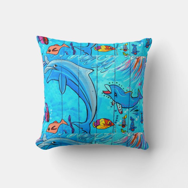 laughing dolphins underwater blue pillow (Front)