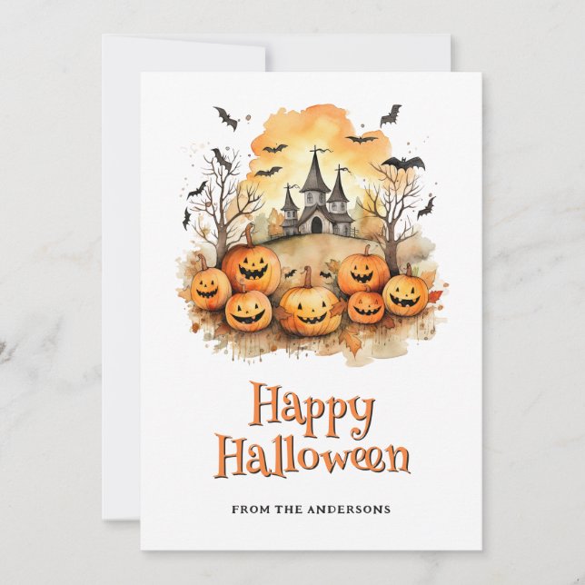 Laughing Funny Pumpkins Bats Haunted Mansion Ghost Holiday Card (Front)