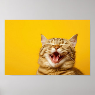 Laughing Ginger Cat on Yellow Background — Cute Fu Poster