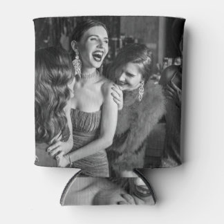 Laughing girls: stylish black-white photo can cooler