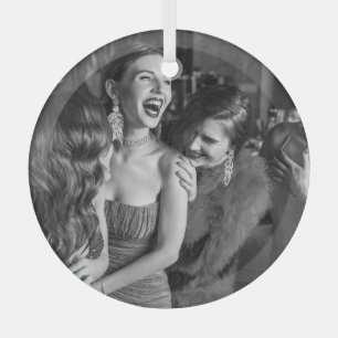 Laughing girls: stylish black-white photo glass ornament