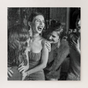 Laughing girls: stylish black-white photo jigsaw puzzle