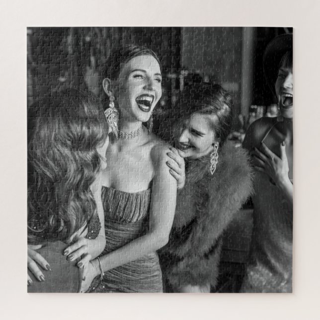 Laughing girls: stylish black-white photo jigsaw puzzle (Vertical)